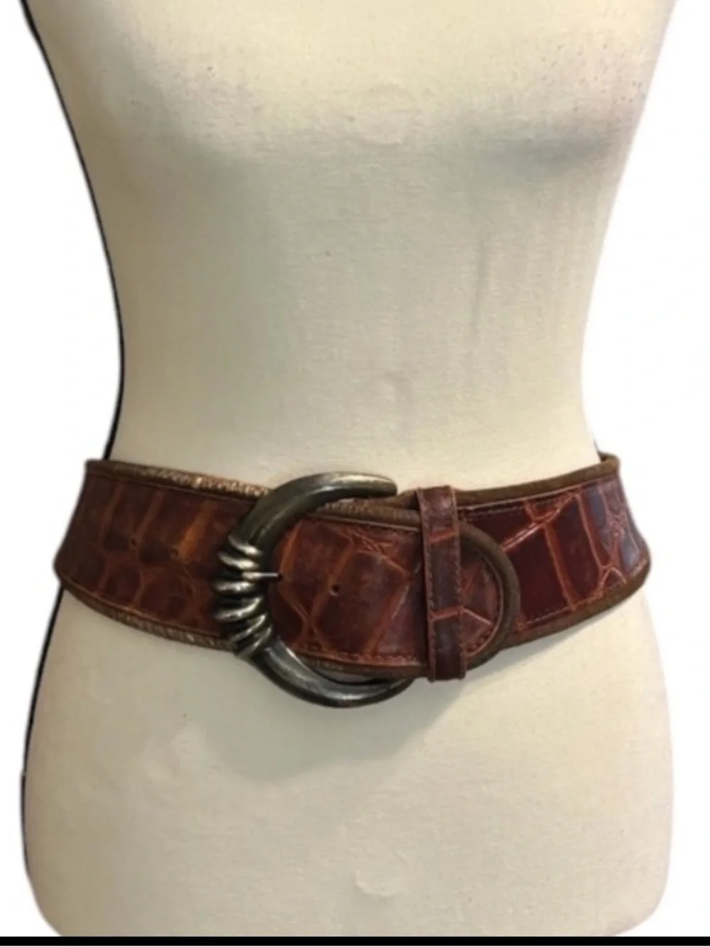 Vintage Express Genuine Leather Brown Croc Embossed Wide Belt M Y2K